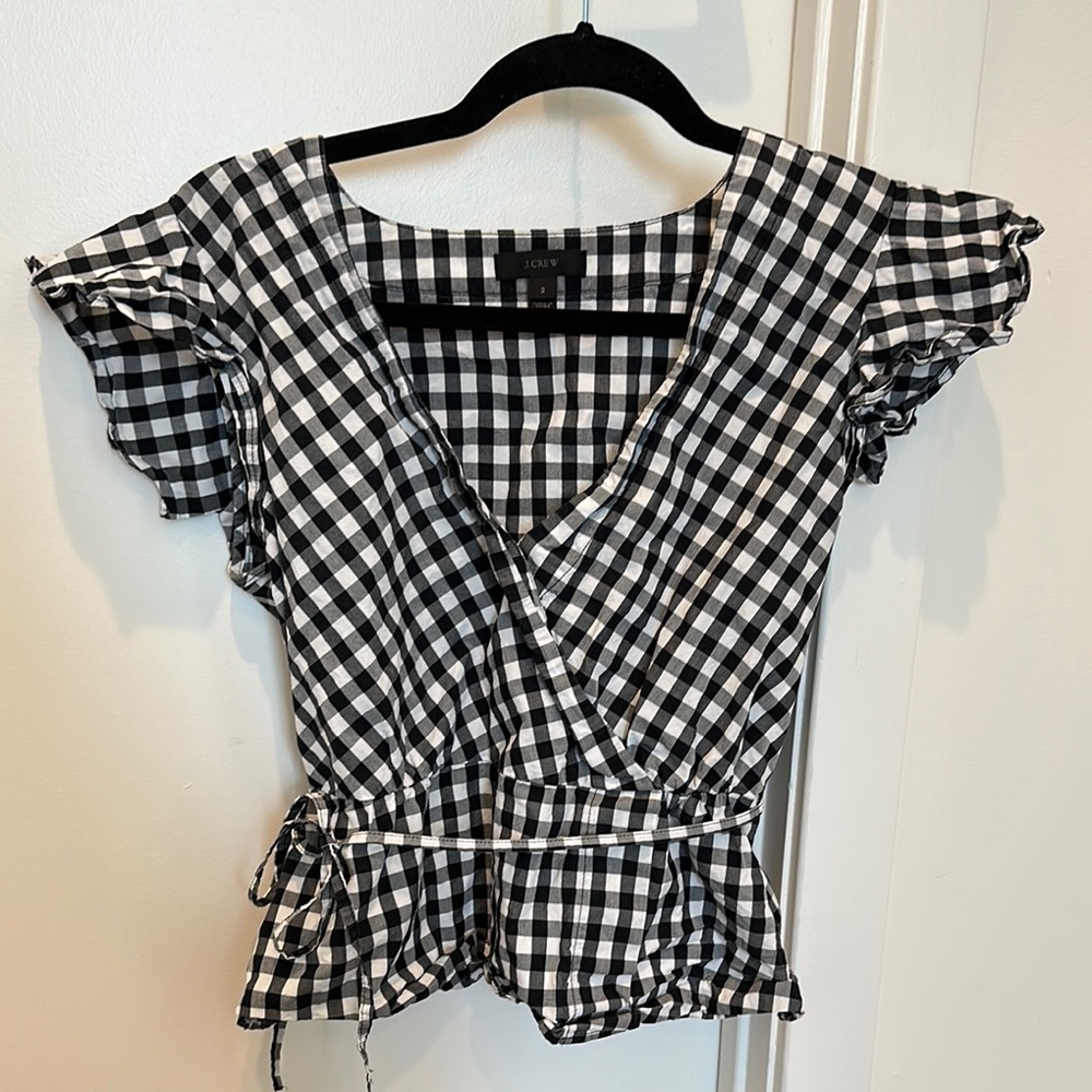J. Crew Black and White Wrap Peplum Blouse